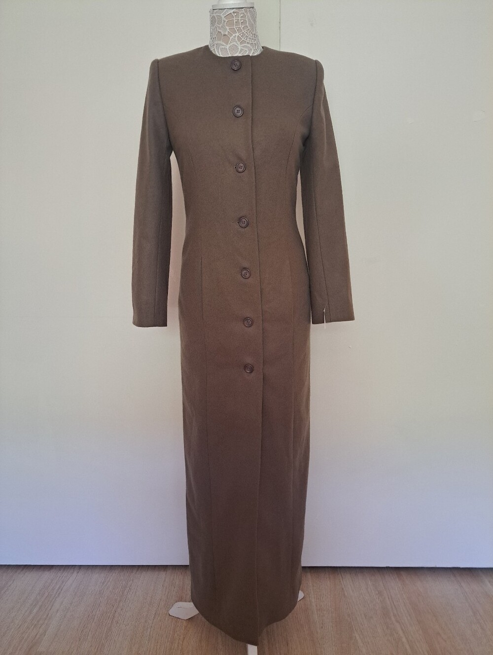 Annie and Jade Vintage Brown Button-Up Long Sleeve Maxi Dress Wool Maxi Coat